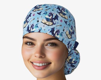 Bookish dragons scrub caps for women, nurses surgical hat, dragon scrub hats with buttons