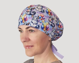 Chinchilla scrub cap, Nurse surgical hat with balloons, Soft stretch cotton medical cap