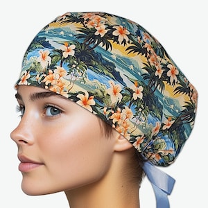 May include: A patterned surgical scrub cap featuring a tropical floral and landscape design. The cap showcases a vibrant mix of colors, including orange, blue, and green, with a light blue ribbon tie at the back. This cap is designed for medical professionals.