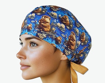 Women's scrub cap, beaver print euro surgical hat, vet nurses cap with buttons