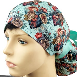 cardio scrub cap, heart surgery cap for women, anatomy scrub hat with buttons
