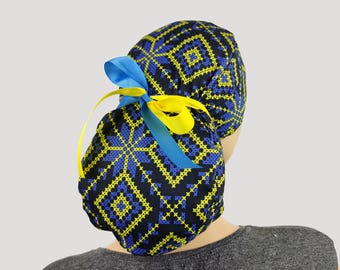 gorros quirúrgicos, gorro quirúrgico con coleta, gorro quirúrgico con forma de corazón, colores ucranianos, quédate con Ucrania