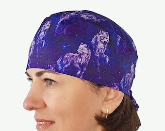 Celestial wolves scrub caps, vet surgeon hat, euro scrub cap with buttons