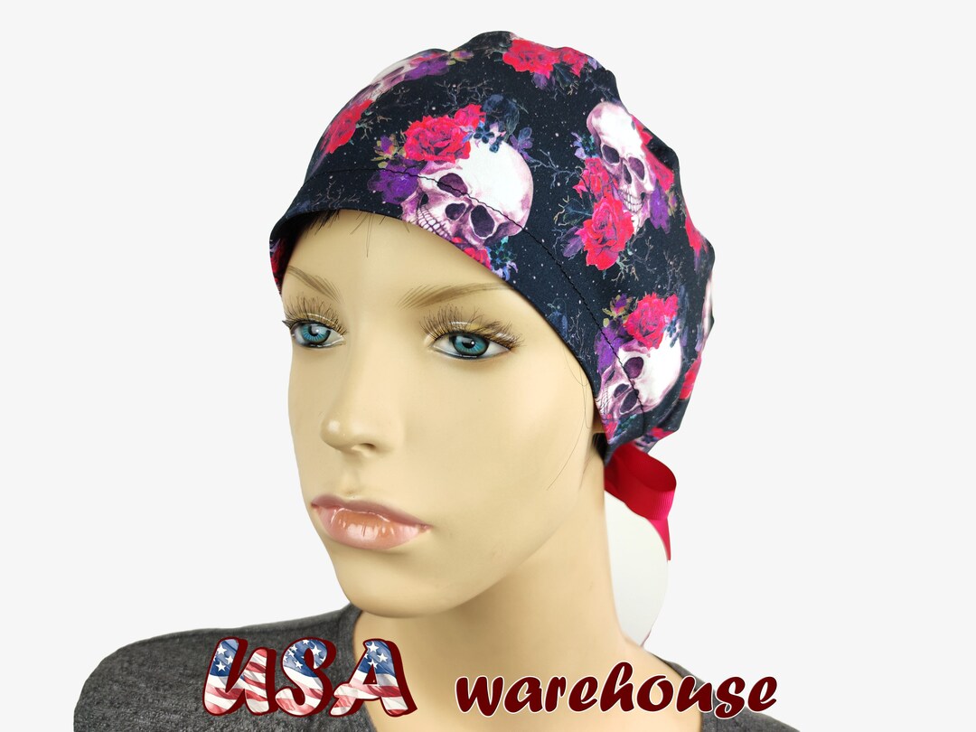 Scull Scrub Cap, Skull With Flowers Scrub Hat, Cotton Scrub Caps