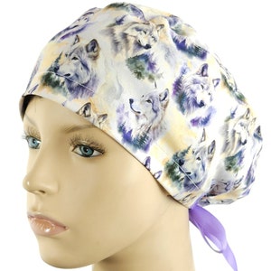 Wolf scrub caps for women, vet cap with buttons, animal euro surgical cap