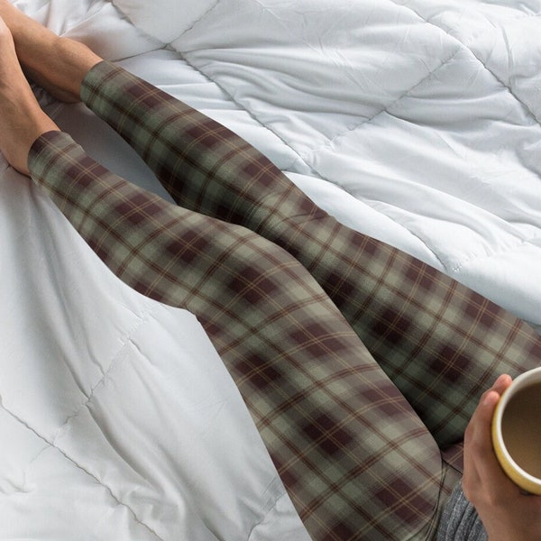 Brown Plaid Leggings for Women, Fall Plaid Yoga Pants, Lounge Wear, Fun Yoga Pants, Soft Leggings, Gift for Her, Womens Outfit for Autumn
