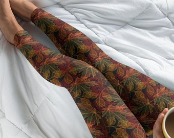 Autumn Leaf Leggings for Women, Yoga Pants, Black Background, Womens Outfit, Gift for Her, Gift for Teacher, Comfy Athleisure, Fall Season
