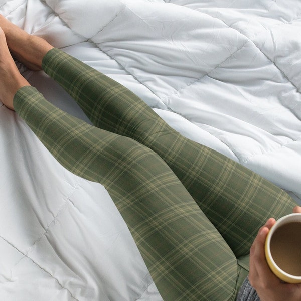 Olive Plaid Leggings for Women, Olive Plaid Yoga Pant, Tartan, Fall Womens Outfit, Athleisure Aesthetic, Gift for Her, Butter Soft Stretchy