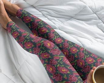 Floral Leggings for Women, Peony, Floral Yoga Pants, Flower Pants, Cute Spring Leggings, Gift for Her, Gift for Teacher, Fun Spring