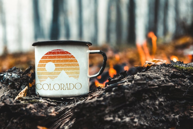 Retro Colorado Sunset Enameled Camp Mug, Camp Cup, Backpacking Cup, Camper Cup, Camping Dishes, Coffee Cup, Coffee Mug, Gift image 1