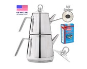 Turkish Stainless-Steel Tea Pot Set, Self-Strained Samovar Style Double Tea Kettle, Caydanlik with Tea Gift