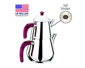 Turkish Tea Pot Set, Stainless Steel Samovar Style Self Strained Stovetop Tea Maker, 71 oz
