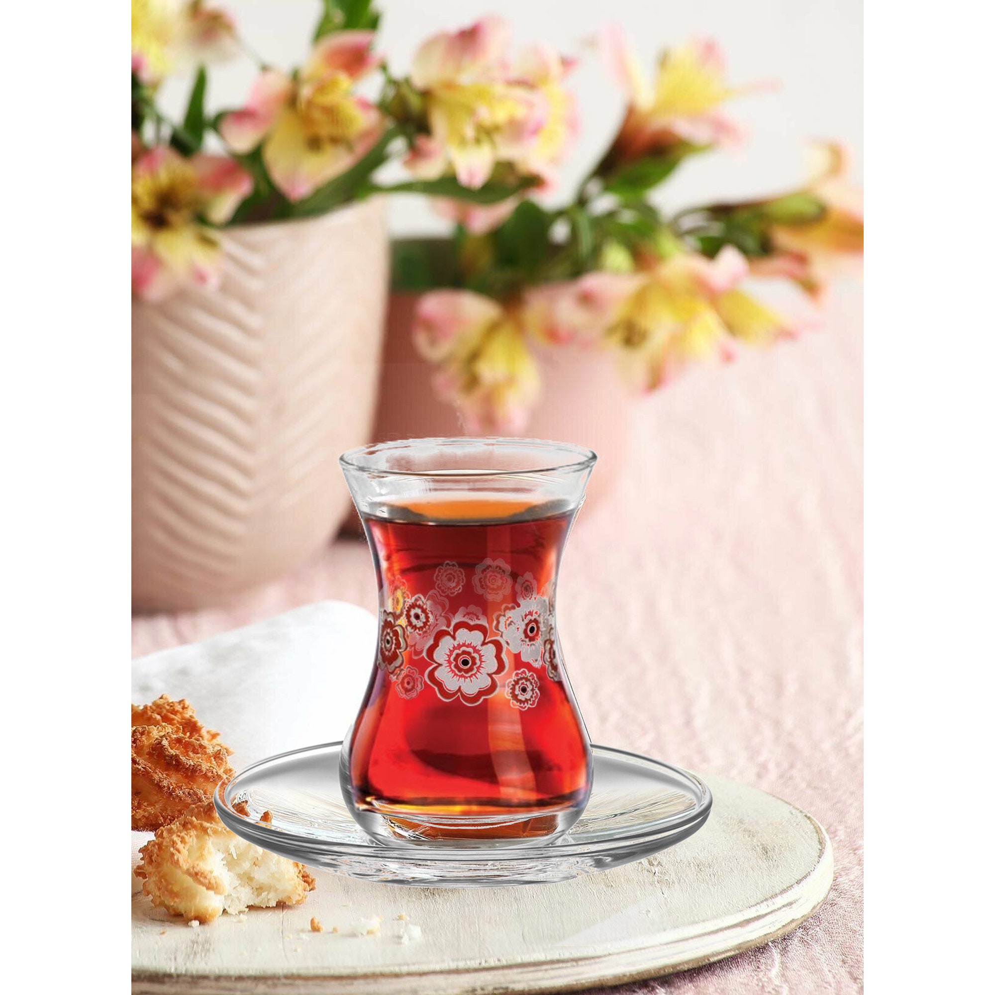 Made in Turkey Beautiful Crystal Clear Glass Teacups Dishwasher Safe LAV Elegant Turkish Tea Glasses and Saucers 4 Ounce Cups with 4 Inch Plates 12 Piece Set Includes 6 Glasses and 6 Saucers