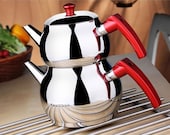 Turkish Tea Pot Set, Turkish Samovar Tea Maker, Stove Top Tea Kettle, Tea Kettle for Loose Leaf Tea, Self-Strainer Caydanlik