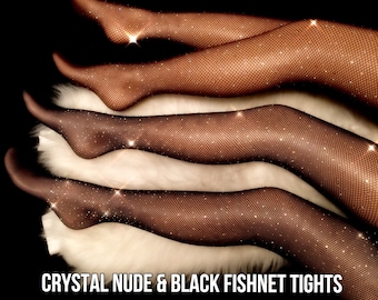 Crystal Fishnet Tights. Black Skin Tone Coffee Festival Rave EDM Rhinestone Fishnet Tights. Handmade Crystallized Diamond Fishnet Stockings