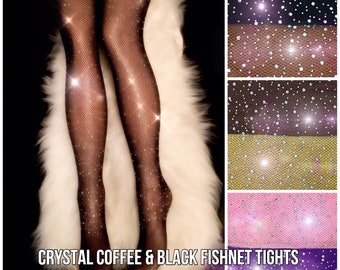 Crystal Fishnet Tights. Black Skin Tone Coffee Festival Rave EDM Rhinestone Fishnet Tights. Handmade Crystallized Diamond Fishnet Stockings