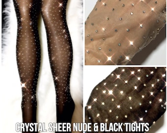 Crystal Sheer Tights. Black Skin Tone Rhinestone Stockings Sheer Nylon Bling Tights. Crystallized Sheer Diamond Rhinestone Fishnet Stockings