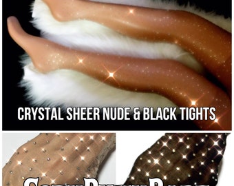 Collants transparents en cristal. Bas noirs avec strass et nylon transparent. Bas résille avec strass et losanges transparents cristallisés