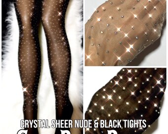 Collants transparents en cristal. Bas noirs avec strass et nylon transparent. Bas résille avec strass et losanges transparents cristallisés