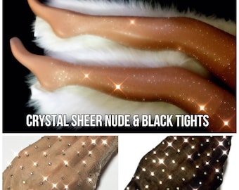 Crystal Sheer Tights. Black Skin Tone Rhinestone Stockings Sheer Nylon Bling Tights. Crystallized Sheer Diamond Rhinestone Fishnet Stockings
