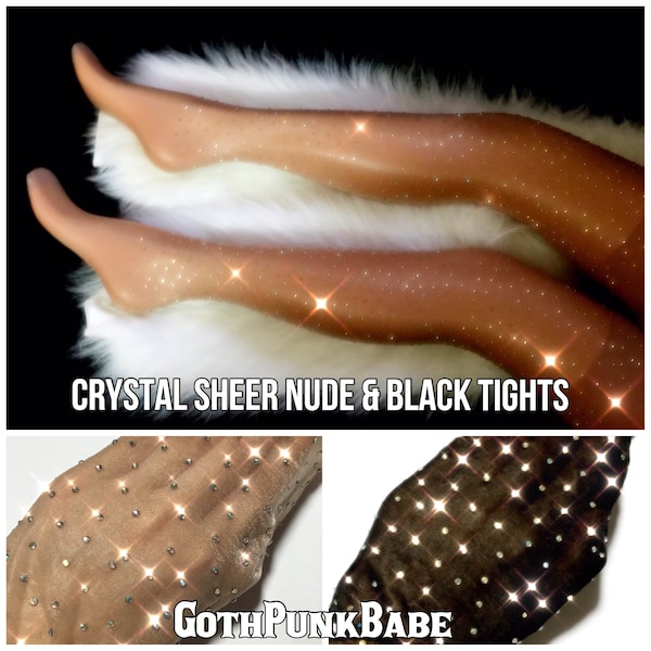 Crystal Sheer Tights. Black Skin Tone Rhinestone Stockings Sheer Nylon Bling Tights. Crystallized Sheer Diamond Rhinestone Fishnet Stockings