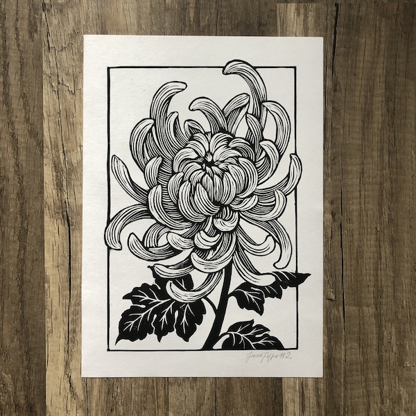 Chrysanthème Imprimé linogravure fait à la main