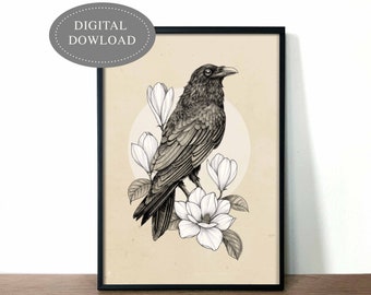 Raven Bird and Magnolia Print Instant Download Print, Printable Wall Art, Digital file,Black and White, ink drawing