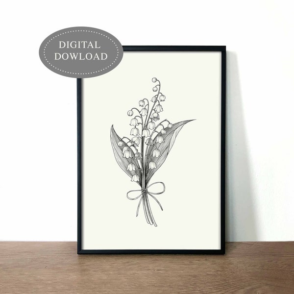 Lily of the valley Flower Instant Download Print, Printable Wall Art, Digitaal bestand, Zwart-Wit, inkttekening