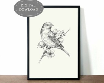 May include: A black and white line drawing of a bird perched on a branch with blossoms. The bird is facing to the right and has a long tail. The branch has several small flowers on it.