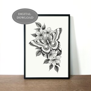 Butterfly Flower Instant Download Print, Printable Wall Art, Digital file, Black and White, ink drawing, butterfly print