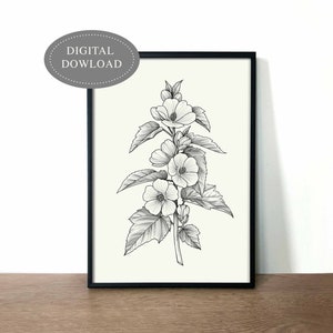 Marshmallow Althea Flower Instant Download Print, Printable Wall Art, Digital file, Black and White, ink drawing