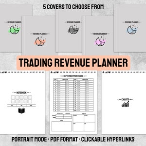 May include: Five different cover designs for a trading revenue planner. Each cover features a crescent moon with stars and a different colored half-circle. The planner includes sections for a notebook, September profit/loss, and charts.