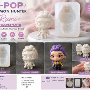 May include: A rectangular silicone mould for casting a K-Pop Demon Hunter Rumi figure. The mould is 7.5 cm by 5 cm and produces a detailed character with braided hair. Includes raw cast examples, a painted version, and a step-by-step visual guide.