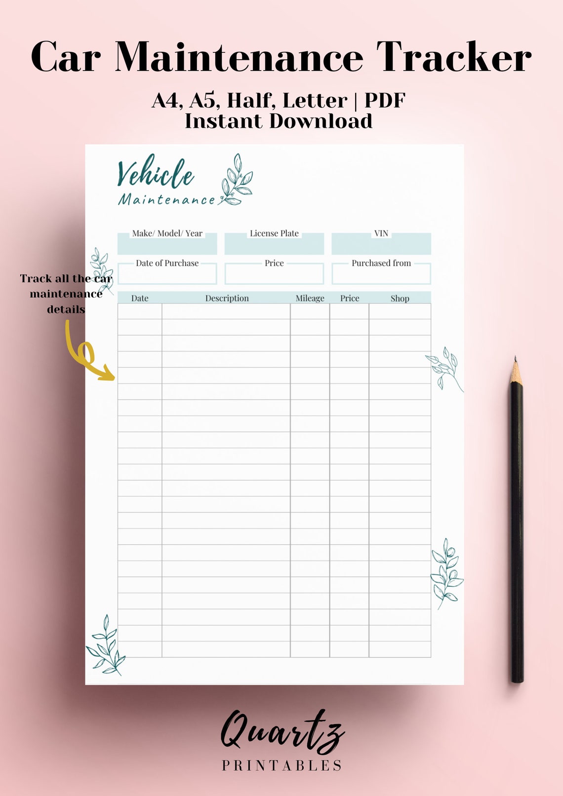 Car Maintenance Log Printable, Vehicle Maintenance, Auto Repairs ...