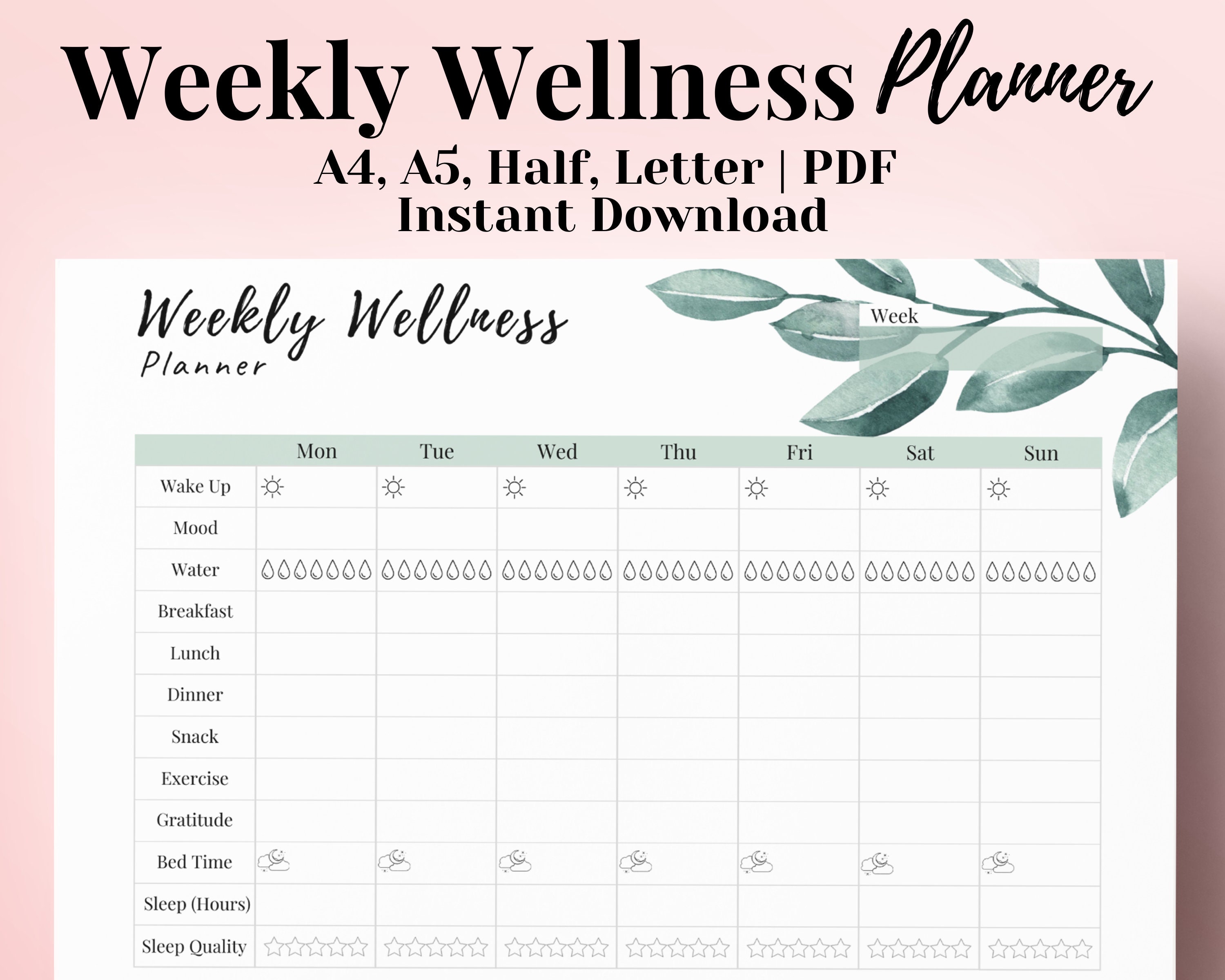 WEEKLY WELLNESS Planner Printable Wellness Chart Meal Etsy