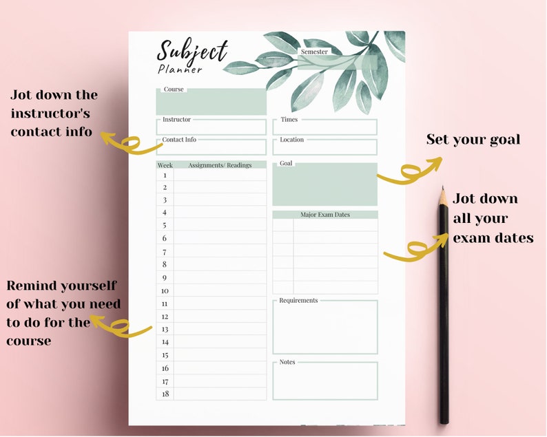 Subject Planner Student Planner Printable Study Planner - Etsy