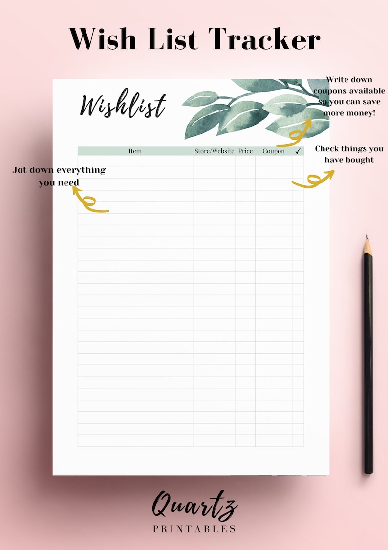 Printable Wish List Tracker, Shopping List, Christmas Wish List, Birthday Wish List, Budget