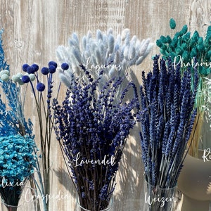 Blaue Trockenblumen getrocknete Blumen in türkis hellblau dunkelblau Ruscus Craspedia Glixia Phalaris Lagurus Lavendel Weizen Hochzeit Deko