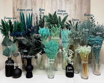 Trockenblumen türkis mint petrol getrocknet konservierte Blumen Eukalyptus Lagurus Weizen Hafer Nigella Phalaris Broom Deko Strauß Hochzeit