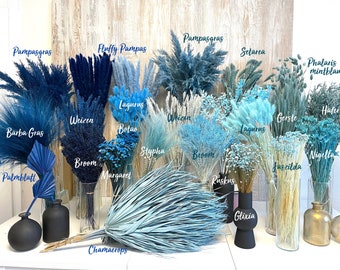 Trockenblumen Trockenblumenstrauß blau hellblau dunkelblau Pampas Ruskus Lagurus Broom Glixia blaue getrocknete Blumen Deko Taufe Hochzeit