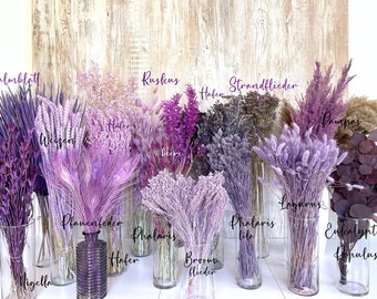 Flores secas moradas, flores secas en lila, violeta, Ruscus, Lagurus, Retama de las pampas, Avena, Trigo, Phalaris, Eucalipto, decoración, boda, verano.