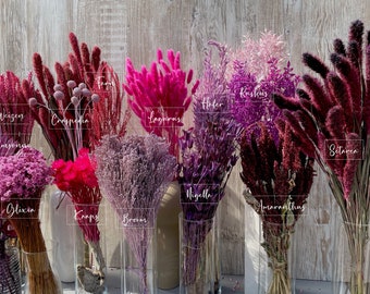 Flores secas en tonos bayas, flores secas en tonos lila, rosa, morado, Ruscus, Craspedia, Glixia, Lagurus, Retama, Nigella, hierbas para decoración.