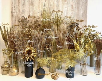 Flores secas doradas, alcachofa, phalaris, ruscus, avena, trigo, nigella, flor, regalo de boda de oro, ramo, cumpleaños, aniversario de bodas de oro