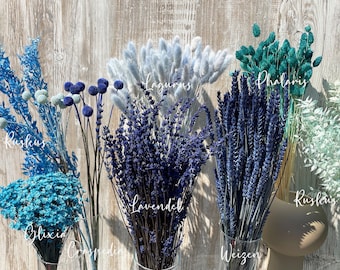 Blaue Trockenblumen getrocknete Blumen in türkis hellblau dunkelblau Ruscus Craspedia Glixia Phalaris Lagurus Lavendel Weizen Hochzeit Deko