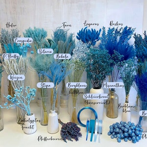 Trockenblumen blau hellblaue Blumen Trockenblumenstrauß Deko blau Tischdeko Taufe Hochzeitsdeko Adventskranz Hortensien Flachs Weizen Hafer Bild 2