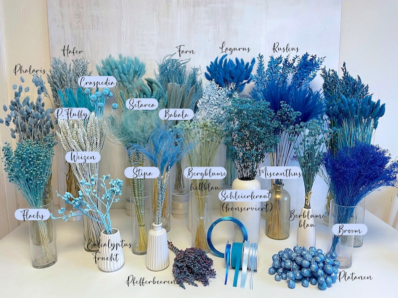 Trockenblumen blau hellblaue Blumen Trockenblumenstrauß Deko blau Tischdeko Taufe Hochzeitsdeko Adventskranz Hortensien Flachs Weizen Hafer Bild 2