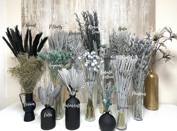 Graue Trockenblumen getrocknete Blumen in hellgrau dunkelgrau anthrazit Ruskus Craspedia Phalaris Lagurus Broom Weizen Hafer Deko Frühling