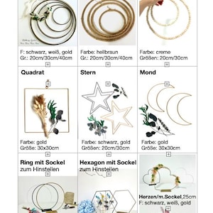 May include: A variety of decorative rings and shapes, including metal rings, jute rings, and wooden bead rings. The shapes include squares, stars, moons, and hearts. Sizes range from 20cm to 40cm. Colors include black, white, gold, and cream.