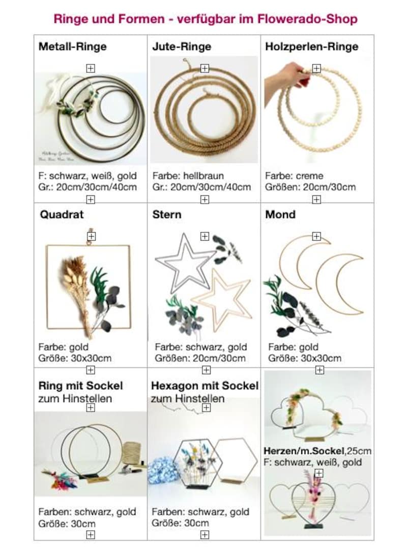 May include: A variety of decorative rings and shapes, including metal rings, jute rings, and wooden bead rings. The shapes include squares, stars, moons, and hearts. Sizes range from 20cm to 40cm. Colors include black, white, gold, and cream.