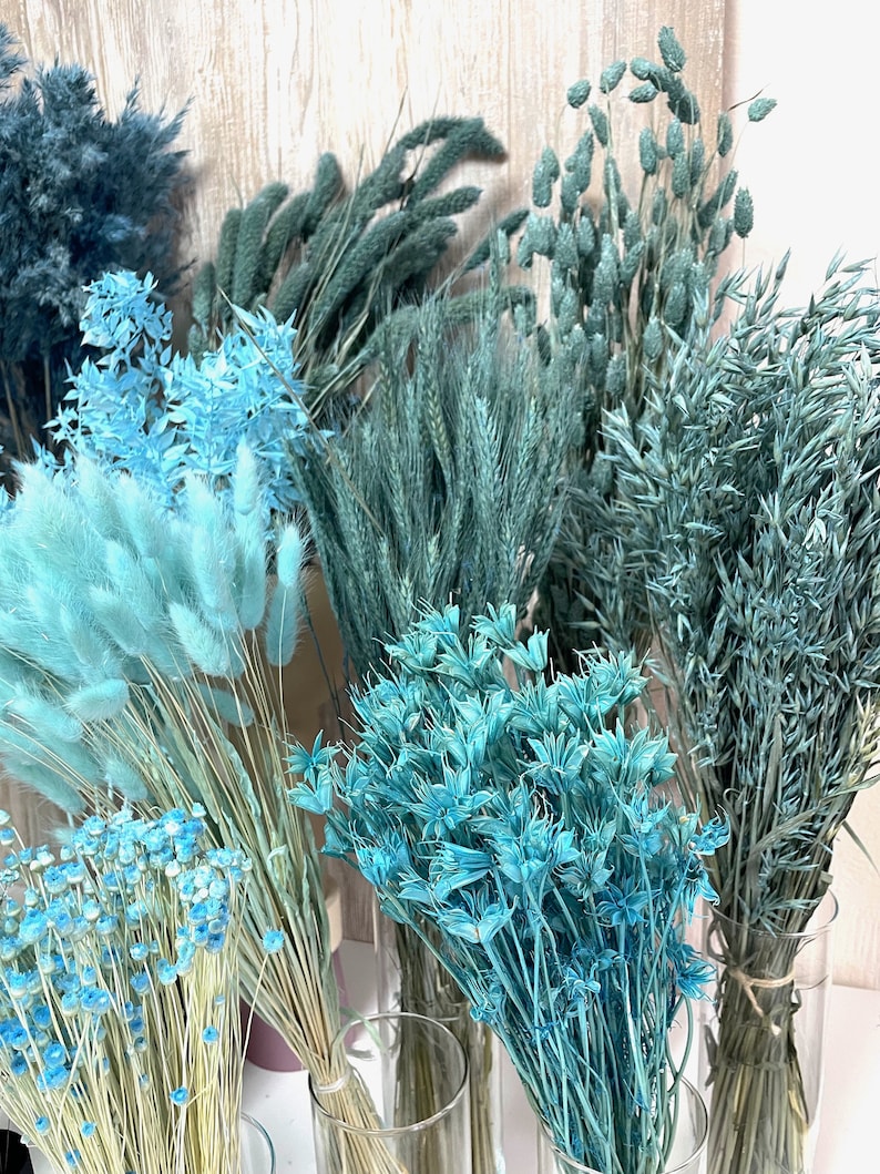 Trockenblumen Trockenblumenstrauß blau hellblau dunkelblau Pampas Ruskus Lagurus Broom Glixia blaue getrocknete Blumen Deko Taufe Hochzeit Bild 10